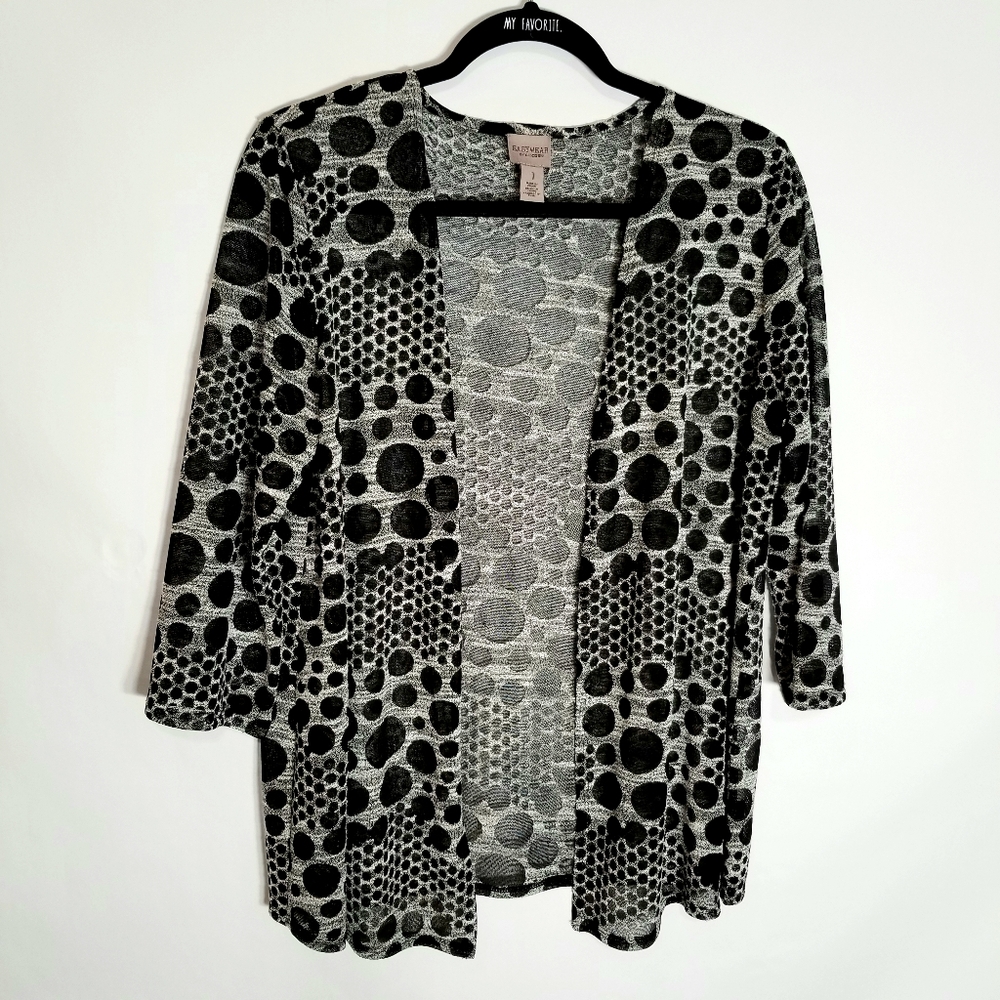 Chico's 1 Easy Wear Cardigan Women's 8 Medium Open Front White Black Dots Sheer